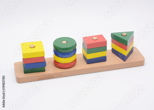 colorful wood toy, shape of colored wooden, Baby toy isolated white background