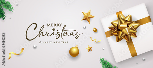Merry Christmas and happy new year gold bow ribbon gift box banners design on white background, Eps 10 vector illustration