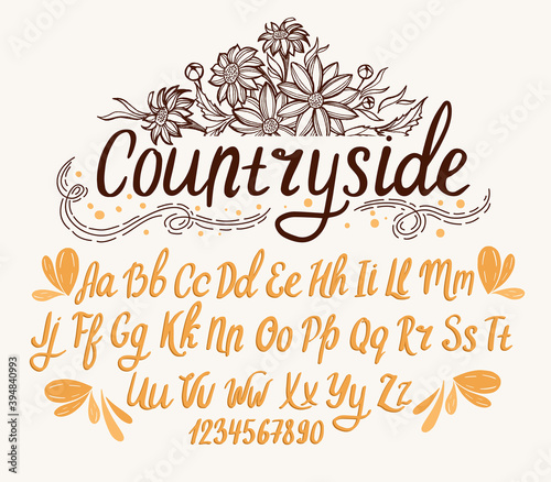 Farmhouse font. Typography alphabet with rustic illustrations. Handwritten script for crafty design.