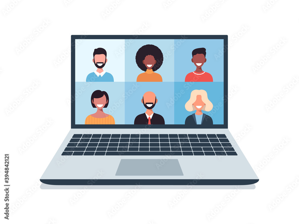 group of people talking in videocall conference, social distancing. Vector illustration of people having communication via telecommuting system. group of people talking in videocall conference, social distancing. Vector illustration of people having communication via telecommuting system.