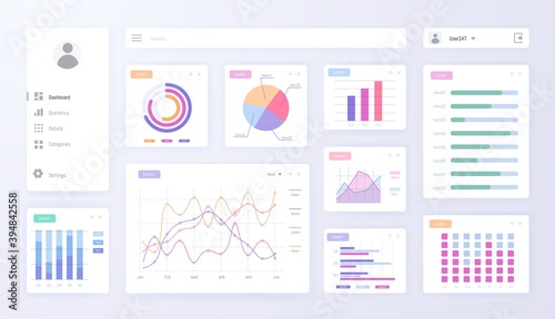 Digital dashboard admin panel with graph, chart diagram set. User interface design, marketing infographic for data visualization and management, search button vector illustration isolated on white