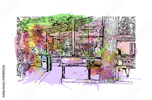 Building view with landmark of Chuncheon is the capital of Gangwon Province in South Korea. Watercolour splash with hand drawn sketch illustration in vector.