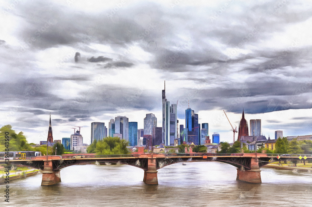 Modern cityscape with river and bridge on foreground colorful painting looks like picture, Frankfurt, Hesse, Germany.