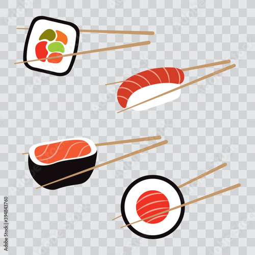 Asian food set, chopsticks holding sushi, vector illustration.
