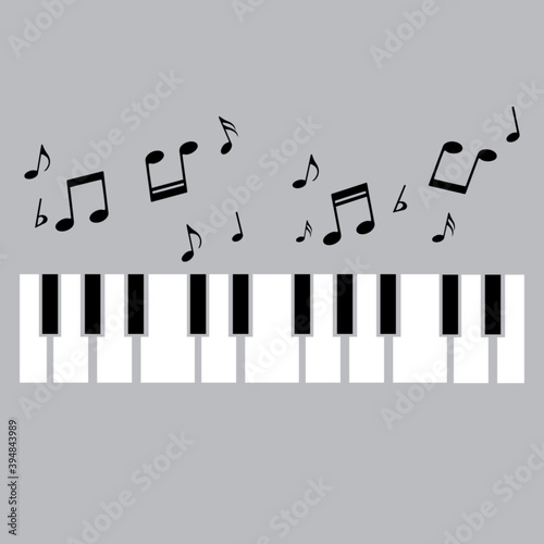 Piano keyboard with music notes, musical background, vector illustration.