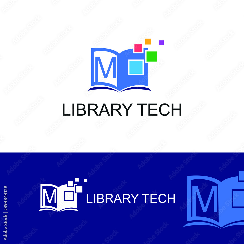 M Initial letter digital book/e book with colorful pixel technology. For electronic book, digital library and technology logo concept