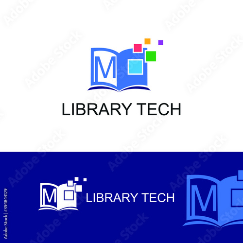 M Initial letter digital book/e book with colorful pixel technology. For electronic book, digital library and technology logo concept