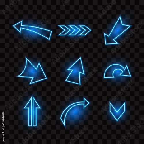 Set of blue neon arrows, isolated vector illustration.