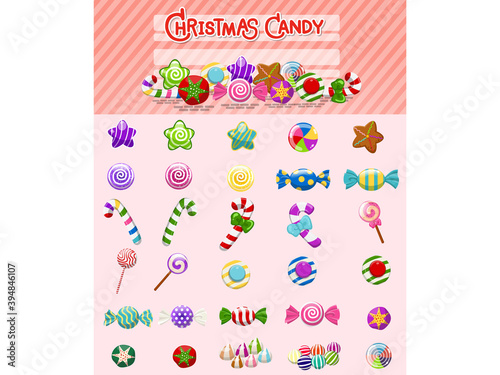 Christmas candies set. candy and sweets lollipop. Collection of different cartoon style candies. Vector illustration