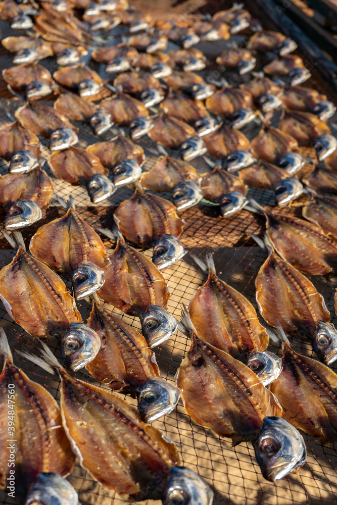 closeup of dried fish on Nazare beach in Portugal - selective focus.
