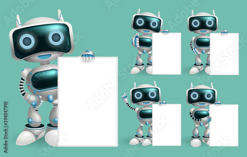 Robot character presenting vector set. Robotic characters in pose and gestures like showing white board element for presentation design. Vector illustration. 