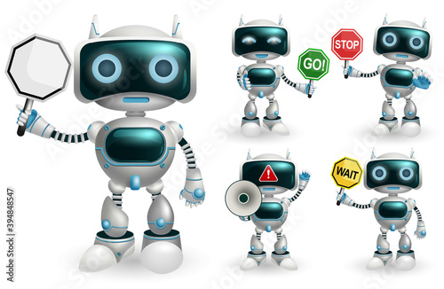 Robot character vector set. Robotic characters showing signage symbol like go and stop placard element in standing pose and gestures for robot cartoon collection design. Vector illustration.