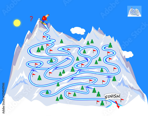 Logic puzzle game with labyrinth for little children. Help the skier get down the mountain. Find the way. Sheet for kids brain teaser book. IQ test. Play online. Vector cartoon illustration.