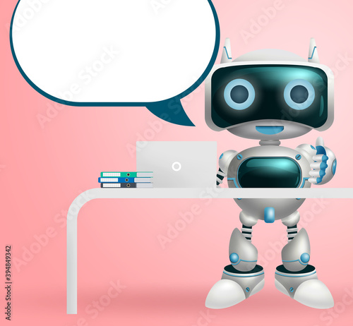 Robot character dialog vector background design. Robotic 3d character with speech bubble for modern cyborg technology communication design. Vector illustration.