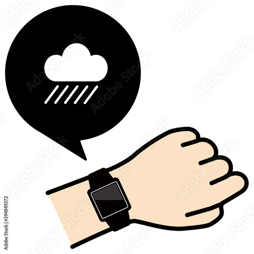 腕のスマートウォッチを確認する様子のベクターイラスト　雨アイコン