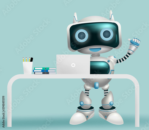 Robot character information vector background design. Robotic 3d character help desk assistant standing for modern humanoid technology design. Vector illustration.