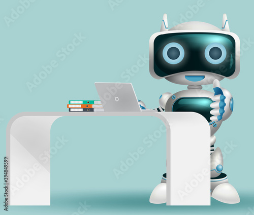 Robot 3d information character vector background design. Robotic help desk character happy standing for modern cyborg technology design. Vector illustration.