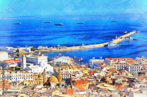 Cityscape of Algiers colorful painting looks like picture, Algeria.