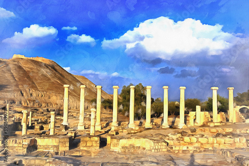 Ruins of ancient city of Scythopolis colorful painting looks like picture, Beit Shean, Israel.