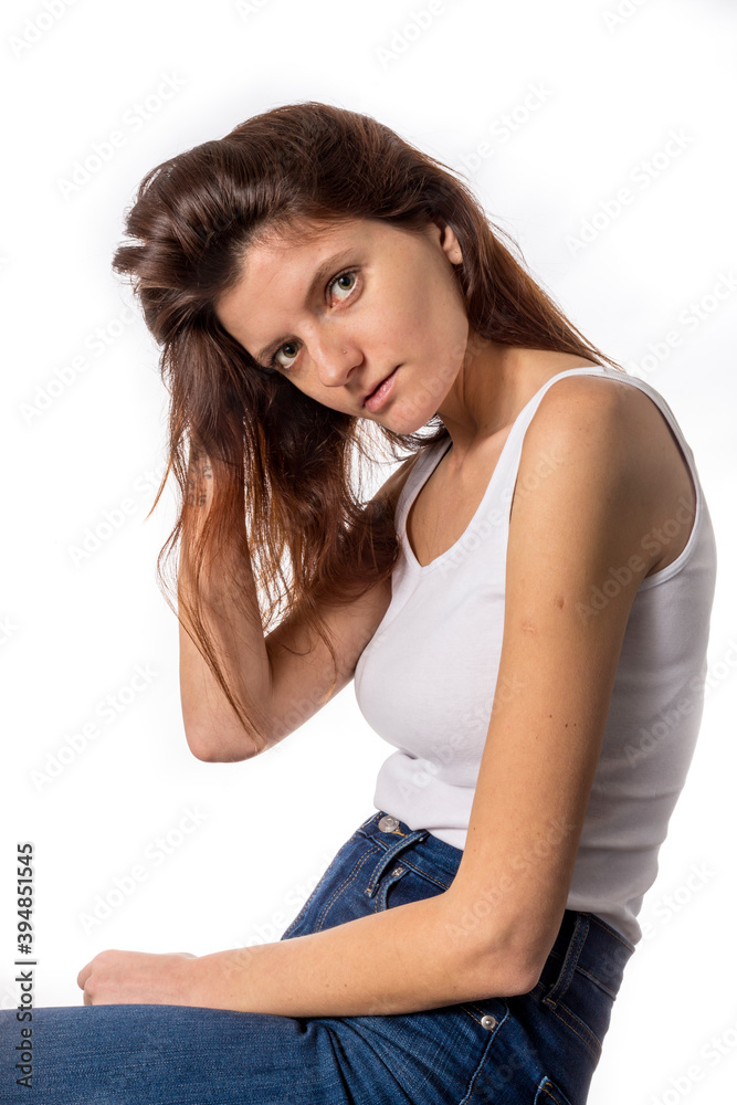 Portrait of beautiful young woman in white t-shirt Portrait of beautiful young woman in white t-shirt