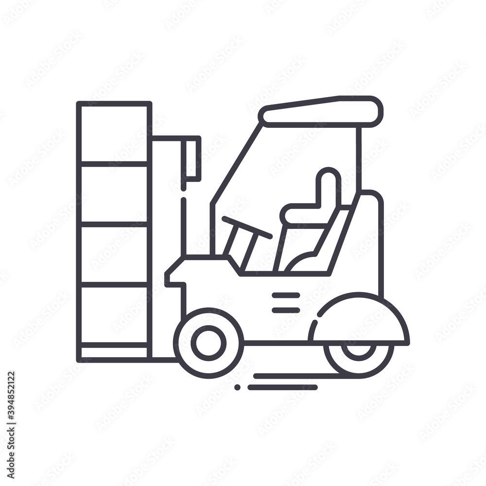 Warehouse forklift icon, linear isolated illustration, thin line vector, web design sign, outline concept symbol with editable stroke on white background.