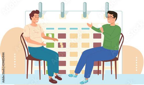 People playing poker vector illustration cartoon characters. Two men playing cards sitting near big calendar, logic game, entertainment for players in their free time. Fun meeting of friends