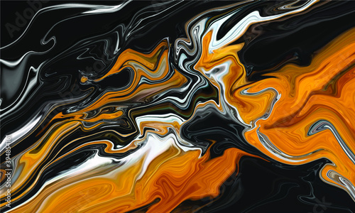 Fluid art texture. Abstract background with mixing paint effect. Liquid acrylic picture with artistic mixed paints. Can be used for baner or wallpaper. Golden, black and gray overflowing colors