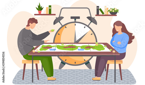 Game about nature and the environment on the table. Guy picks up green chips. Girl looks offended at the man. Angry woman sitting on the chair. Big alarm clock on background. Couple plays board game