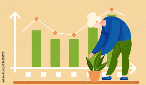 Girl straightens a flower in a pot and takes care of a plant. Statistical bar graph on background. Work with statistics and business anatytics. Office work management. Data analysis concept