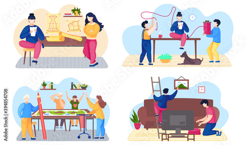 Fashion designers are standing near the sketch with dress and discussing about model. Man going up the stairs hangs a picture on the wall . Modern production, man and woman in atelier scenes set