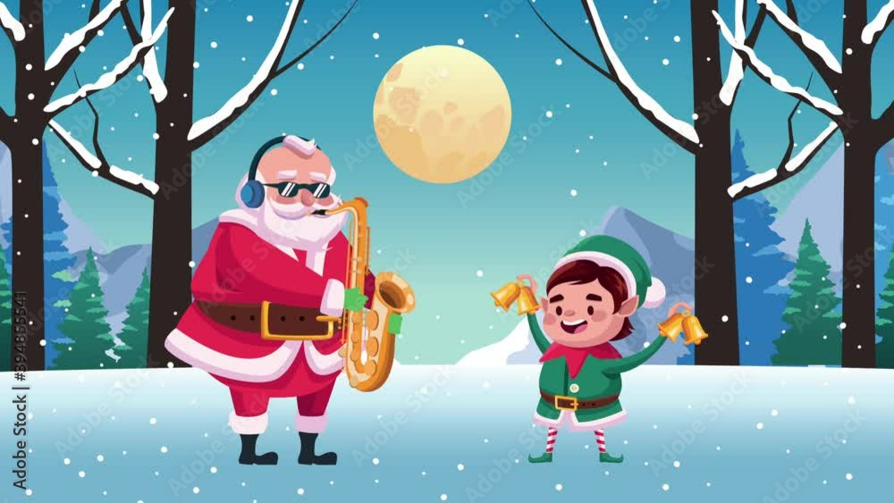 happy merry christmas card with santa claus and elf playing instruments happy merry christmas card with santa claus and elf playing instruments