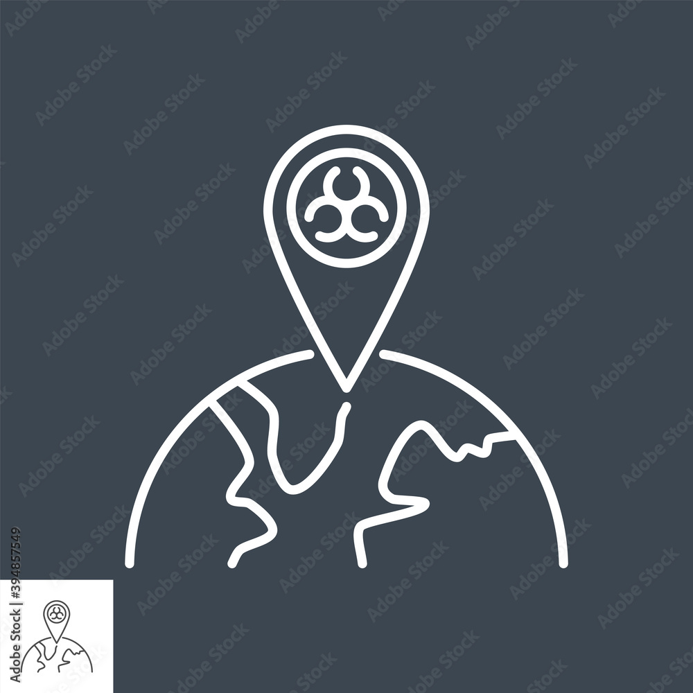 Epidemic related vector thin line icon. Biohazard positioning mark on globe. Isolated on black background. Editable stroke. Vector illustration. Epidemic related vector thin line icon. Biohazard positioning mark on globe. Isolated on black background. Editable stroke. Vector illustration.