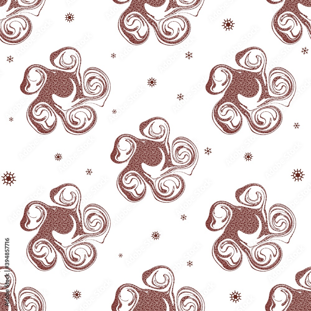Seamless holiday floral pattern with brown abstract flowers and snowflakes 