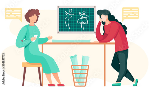 Colleagues in the atelier are discussing the model of the future pattern while the girl sits with a sheet of paper in her hands and reads. Professional tailoring studio. Sewing a garment in atelier