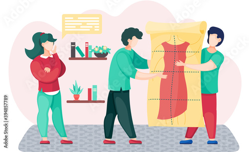 The guys are holding a paper model of the future dress. The designer plans the pattern in the fashion tailoring studio. Colleagues in the atelier are working with a clothing. People are communicating