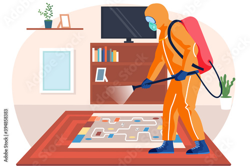 A man from epidemiological service doing disinfection in office to kill viruses and bacteria flat vector illustration. Male character in a protective suit sprays a room with disinfectant solute
