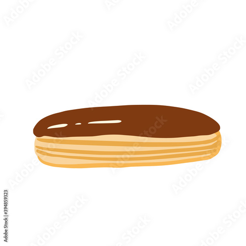 Eclair on white background. Cartoon bakery products with glaze in style doodle.