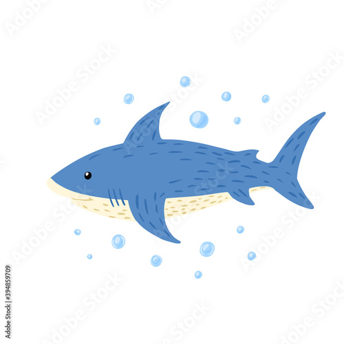 Set white shark with bubbles on white background. Cartoon cute fishes in style doodle.