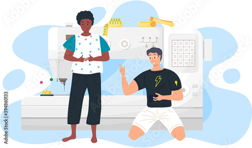The concept of tailoring fashionable clothes. Men seamstresses are working, sitting near big sewing machine, tiny dressmakers. Concept of creative atelier. Flat vector illustration dressmakers