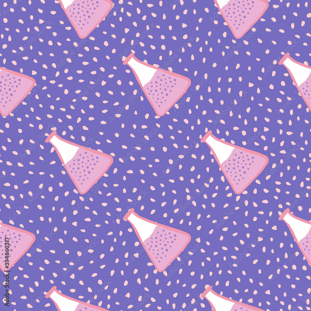 Chemistry seamless pattern with doode lilac pastel flask silhouettes. Purple dotted background. Biology print. Chemistry seamless pattern with doode lilac pastel flask silhouettes. Purple dotted background. Biology print.
