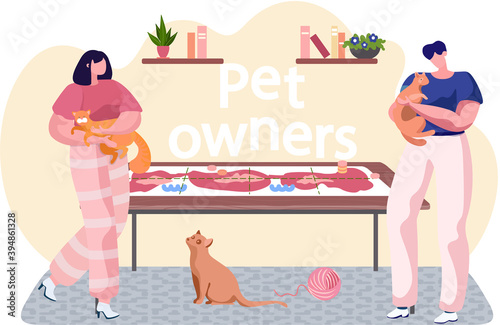 Young man fondles a cat, woman standing at a table flat vector illustration. Happy pet owners playing a board game at home. Smiling guy stroking furry kitty. Cute domestic animal on owners hands