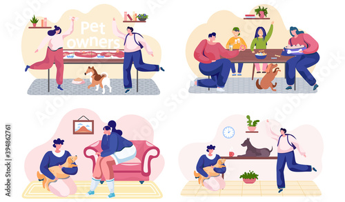Happy people, family with a cat and dog at home. Kitty with owners are resting together. Active woman playing with cheerful friend dog. Domestic animals care, nutrition, feeding plan scenes set