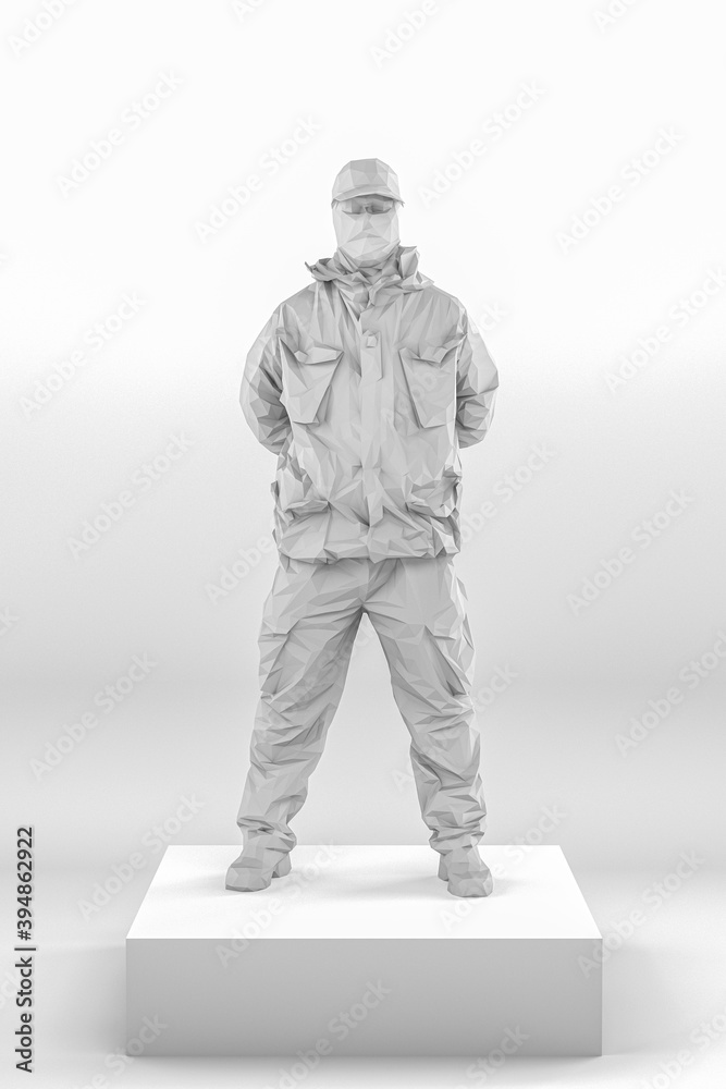 Man in camouflage. statue of a soldier. Toy Army Soldier Made From White Plastic Standing On A Box, Isolated Against White. 3d Rendering.