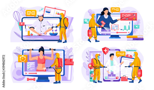 Video recording of a culinary blog, sport channel, online learning of foreign languages and man from epidemiological service doing disinfection sprays treatment solution against viruses and infections