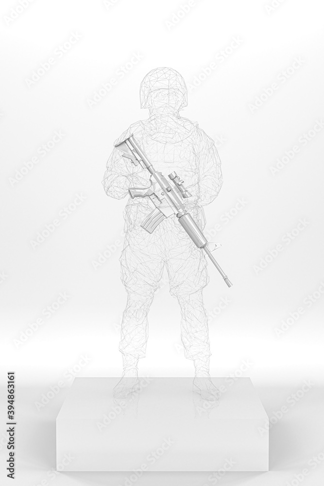 statue of a soldier. Army Soldier Figurine Made From A Transparent Wireframe Standing On A Box Holding A Rifle, Isolated Against White. 3d Rendering. statue of a soldier. Army Soldier Figurine Made From A Transparent Wireframe Standing On A Box Holding A Rifle, Isolated Against White. 3d Rendering.