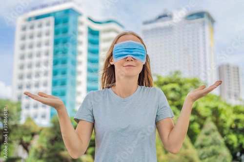 Billede på lærred Improper wearing of mask concept. Woman wearing mask wrong