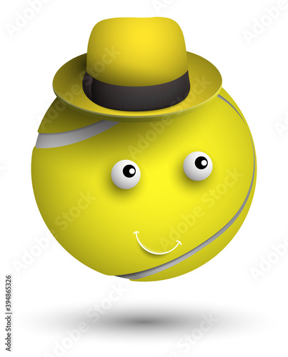 cheerful tennis ball in yellow hat. World tennis tournament. Sport equipment. Symbol for mobile application or web. Vector