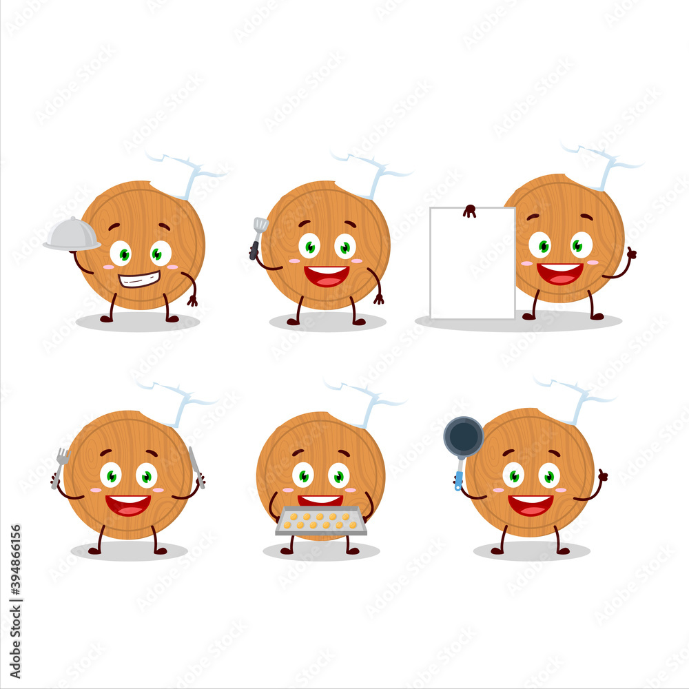 Cartoon character of circle wood cutting board with various chef emoticons Cartoon character of circle wood cutting board with various chef emoticons