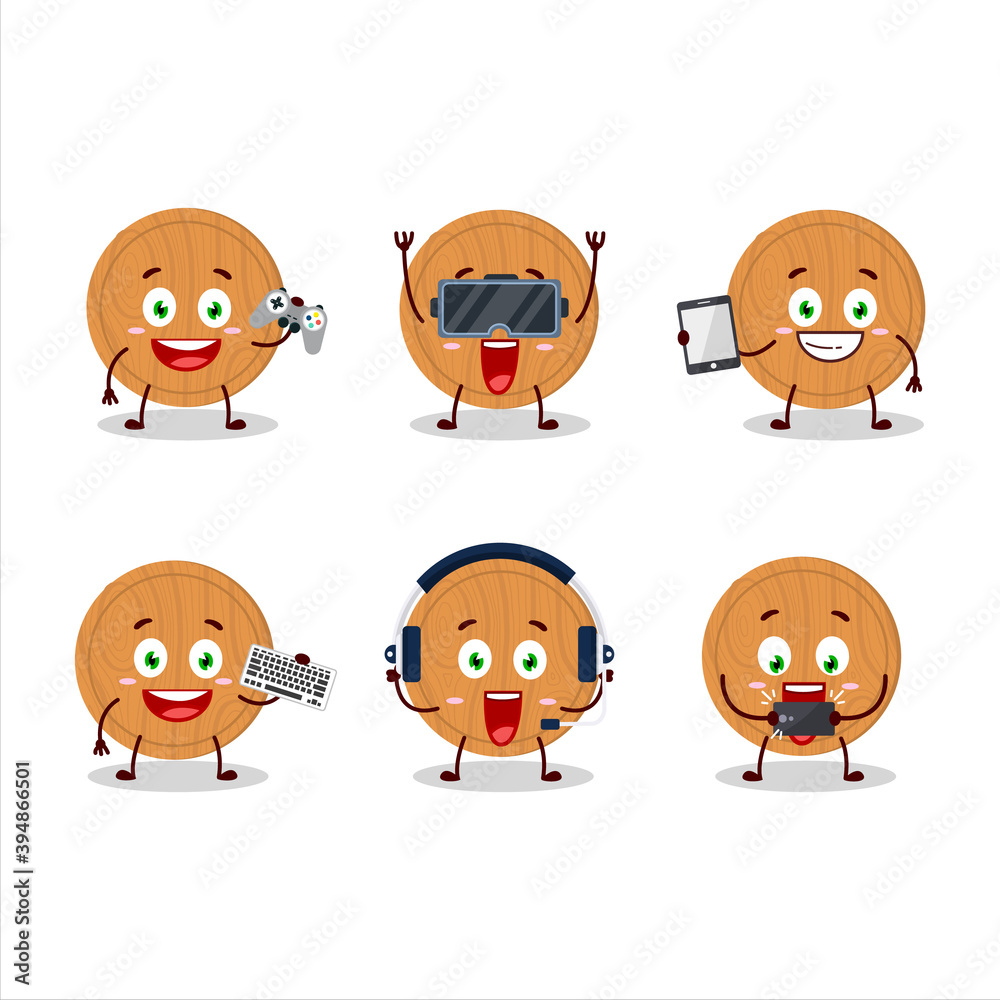 Circle wood cutting board cartoon character are playing games with various cute emoticons