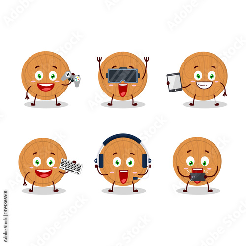 Circle wood cutting board cartoon character are playing games with various cute emoticons